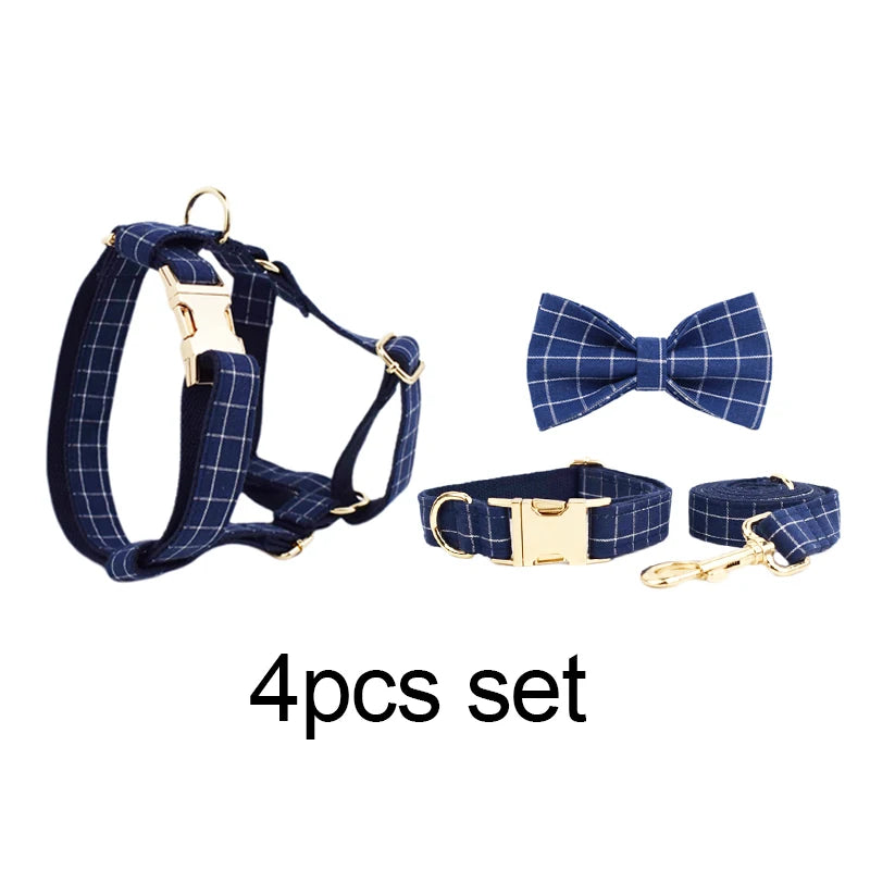 Grid Dark Blue Personalized Dog Collar, Leash & Harness Set
