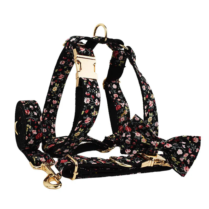 Personalized Floral Dog Harness and Leash Set, Puppy Bowtie Collar with Poop Bag, Cute Outdoor Pet Gift
