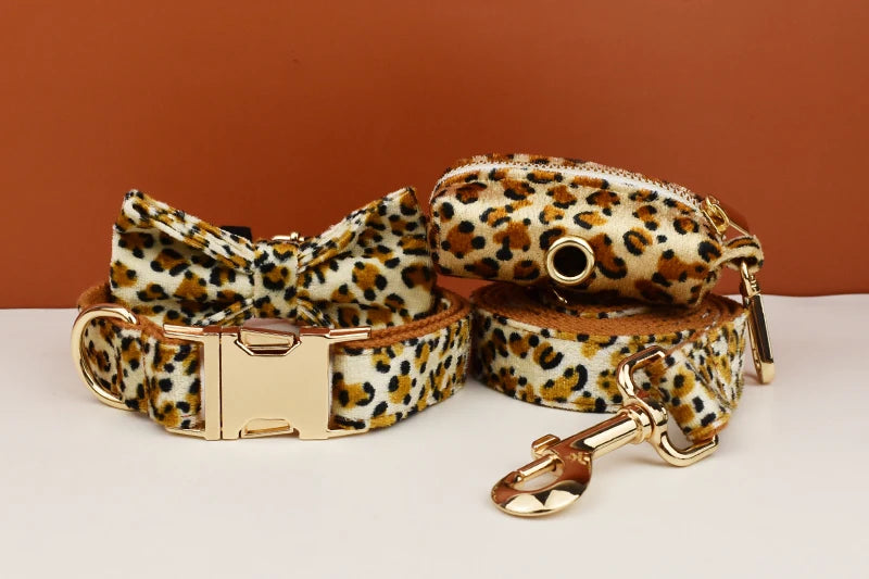 Customized Designer Logo Leopard Personalized Dog Collar, Leash & Harness Set