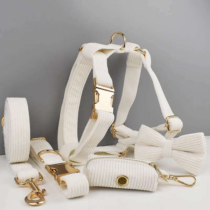 White Corduroy Personalized Dog Collar, Leash & Harness Set
