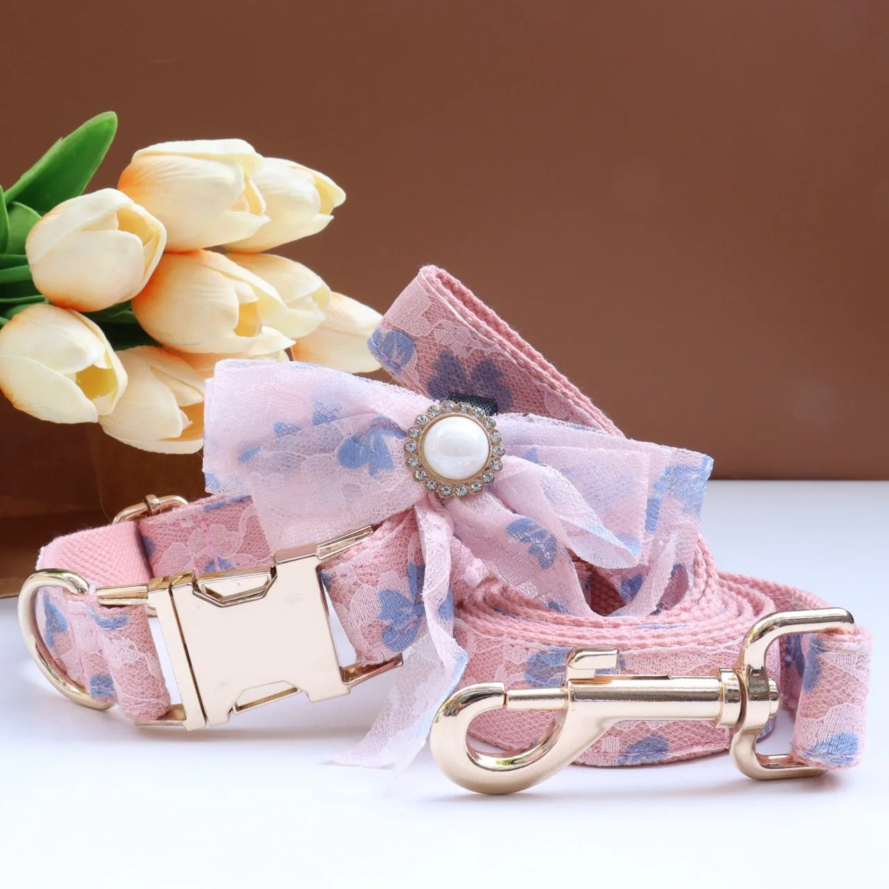 Luxury Pearl Personalized  Dog Collar and Leash Set, Lace Bowtie with Rhinestone Sparkle, Elegant Puppy Girl Pet Necklace