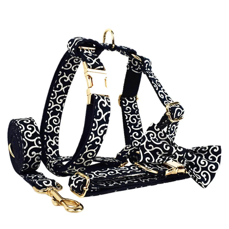 Personalized Floral Dog Harness and Leash Set, Puppy Bowtie Collar with Poop Bag, Cute Outdoor Pet Gift