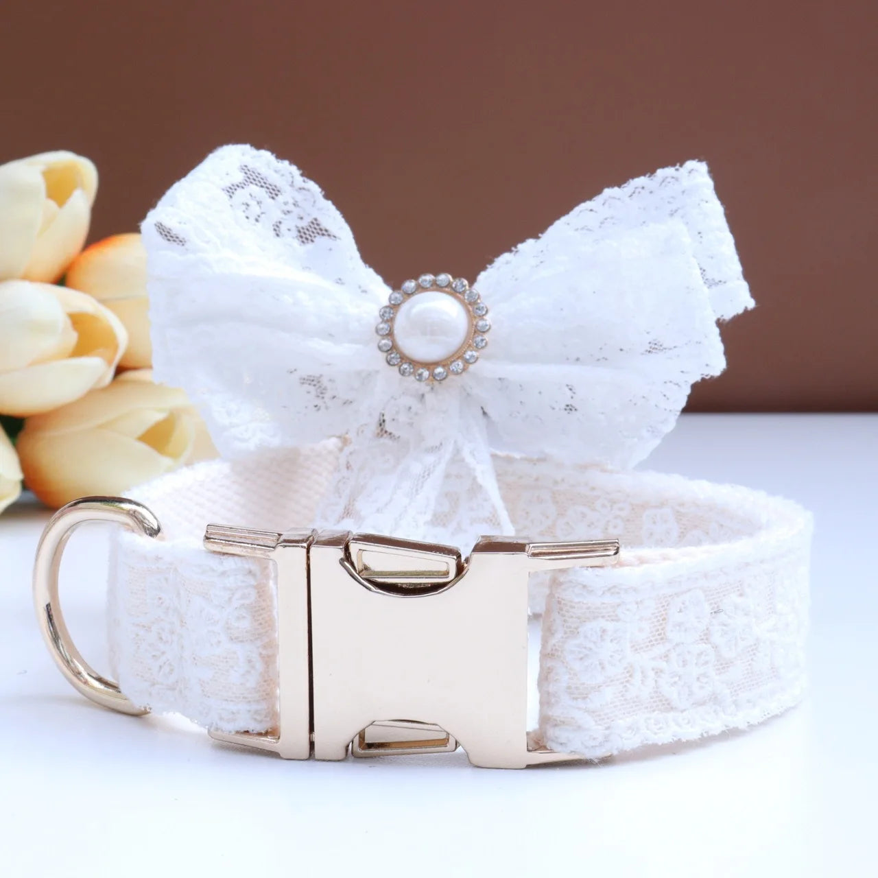 Luxury Pearl Personalized  Dog Collar and Leash Set, Lace Bowtie with Rhinestone Sparkle, Elegant Puppy Girl Pet Necklace