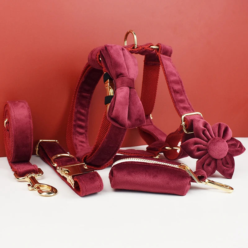 Red Wine Velvet Personalized Dog Collar, Leash & Harness Set