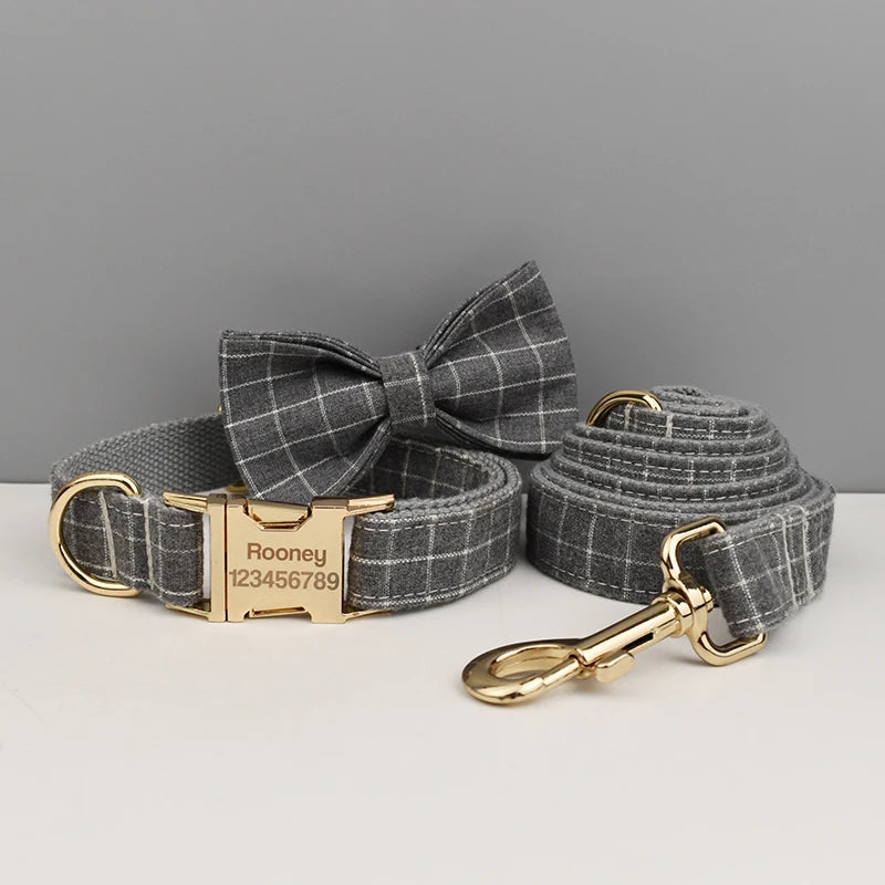 Personalized Plaid Dog Collar Leash Set