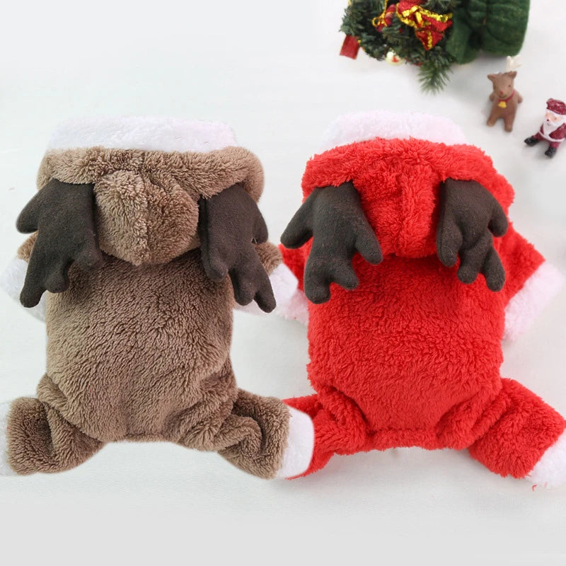 Christmas Elk Dog Hoodie – Warm Coral Velvet Winter Outfit for Small Dogs
