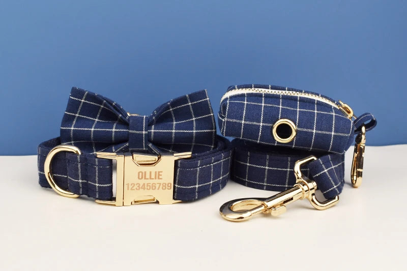 Grid Dark Blue Personalized Dog Collar, Leash & Harness Set