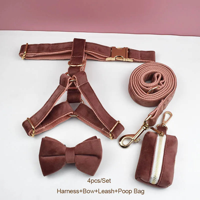 Pink Velvet Personalized Dog Collar, Leash & Harness Set