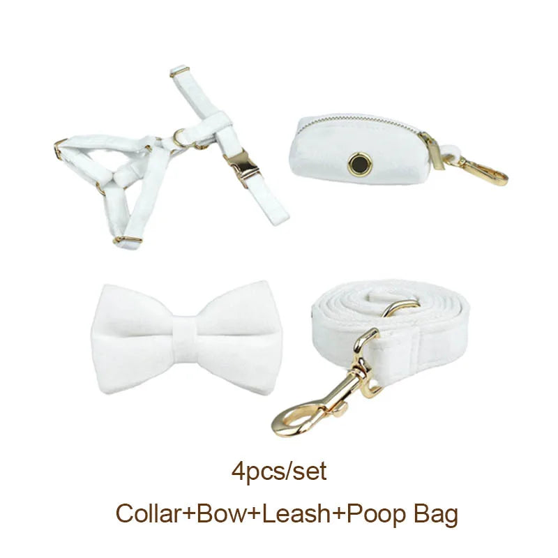 White Velvet Personalized Dog Collar, Leash & Harness Set