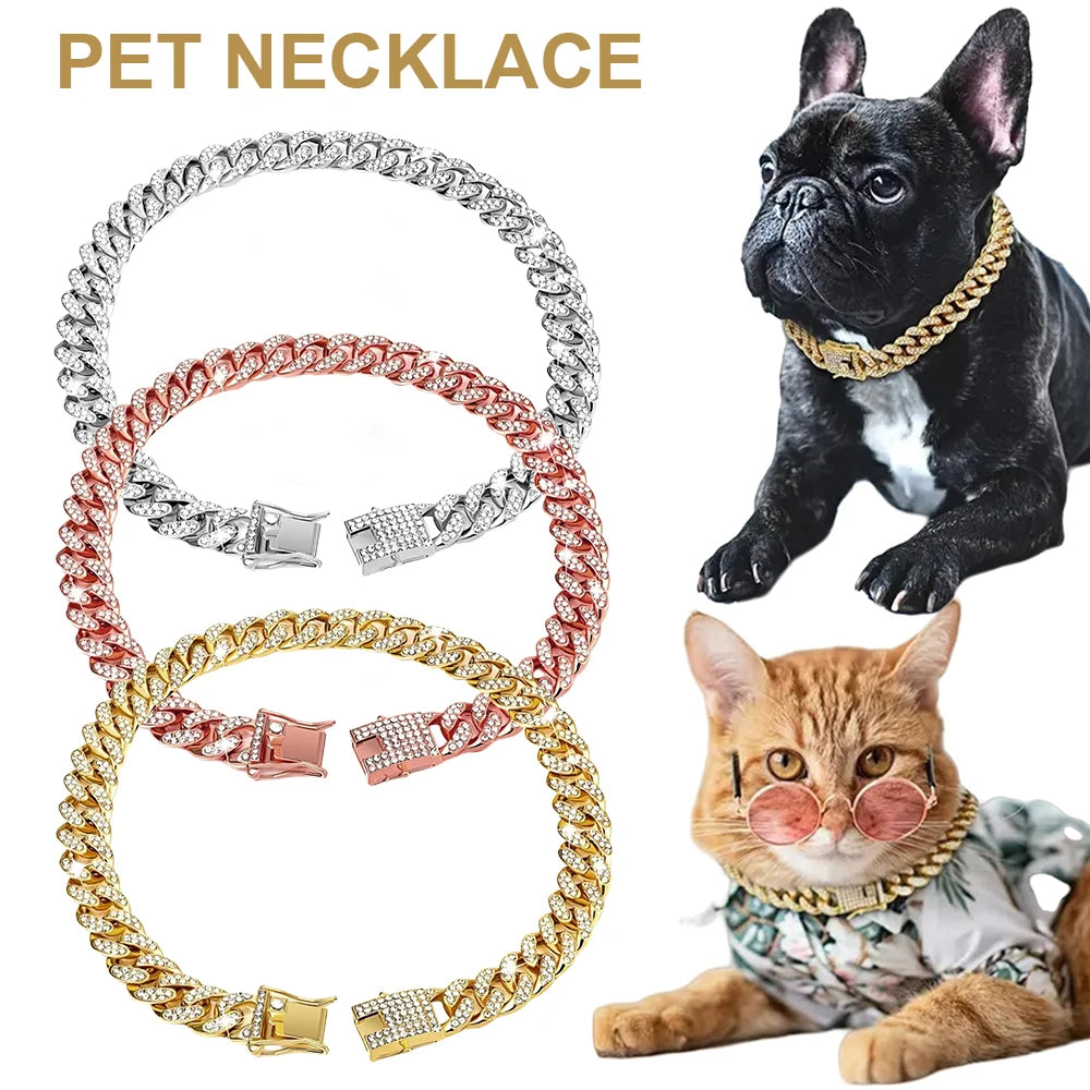 Diamond Cuban Chain Pet Collar – Luxury Gold, Silver & Rose Gold Necklace for Dogs & Cats