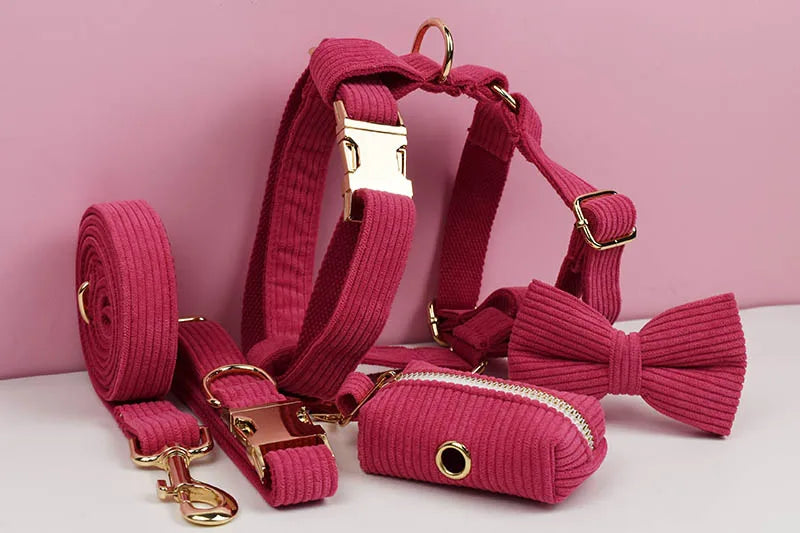 Mei Red Corduroy Personalized Dog Collar, Leash & Harness Set