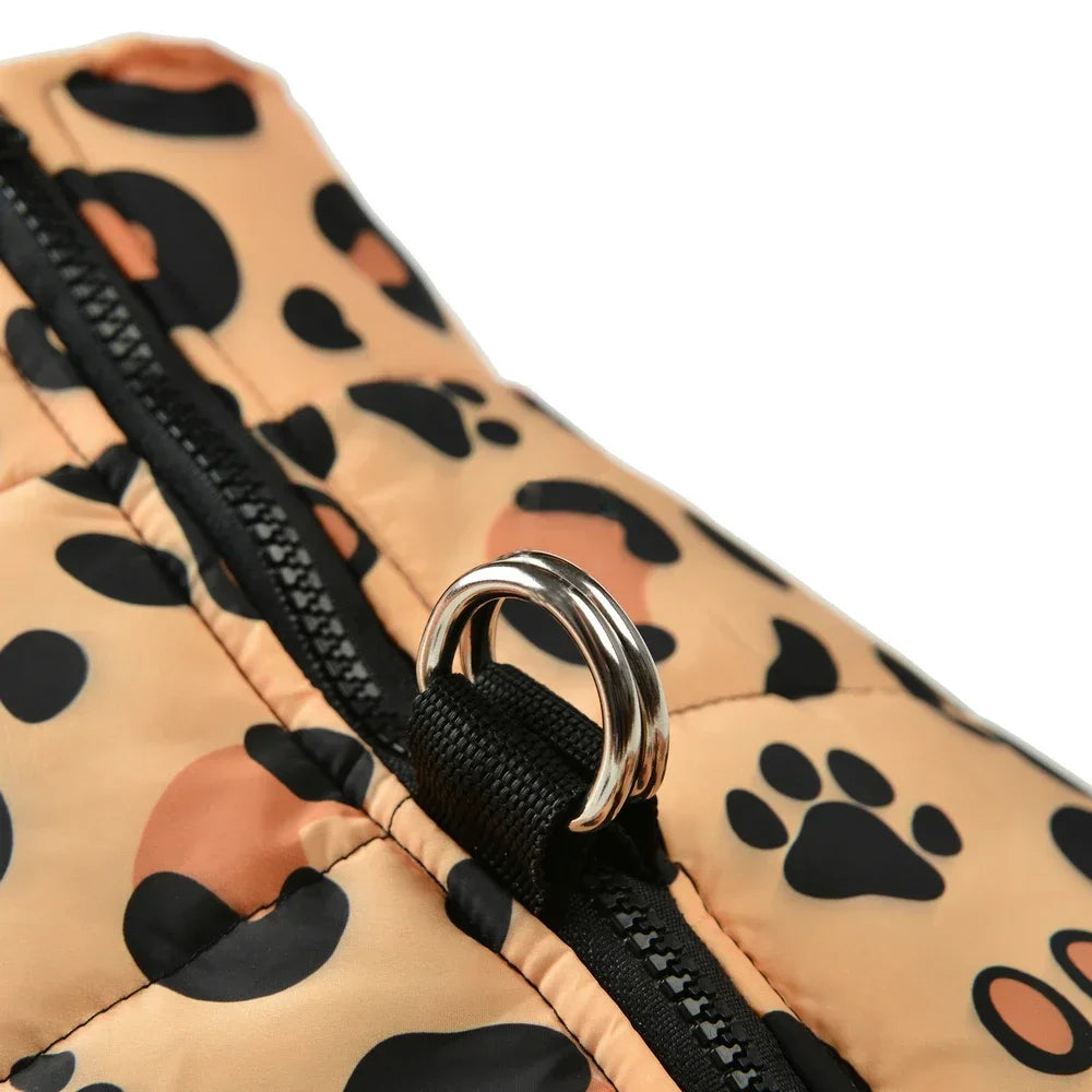 Leopard Print Winter Dog Jacket – Warm, Windproof & Stylish with D-Ring Design
