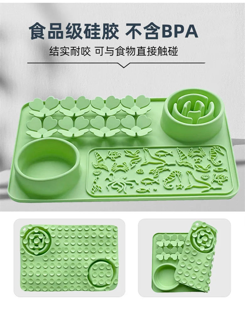 Silicone Dual Slow Feeder Bowl – Anti-Slip Suction Cup Pet Feeding Mat