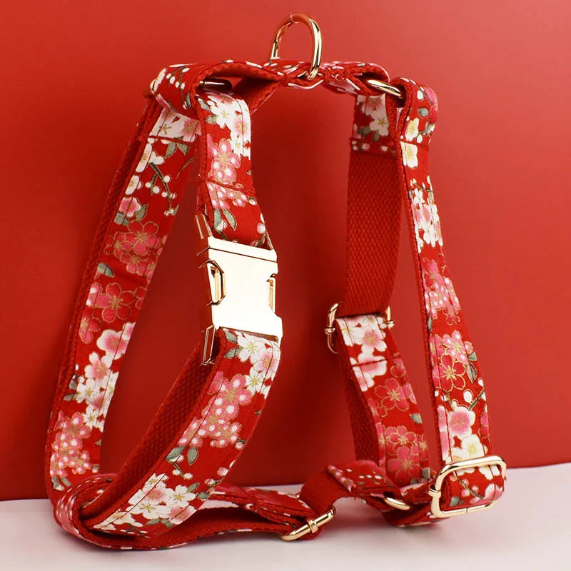 Customized Designer Red Soft Cotton Personalized Dog Collar Leashes Harness Bow Set Flowers
