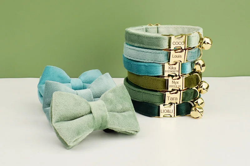 Velvet Cat Collar Bowknot Personalized Collar for cats with bell and a bow