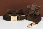 Dark Brown Velvet Personalized Dog Collar, Leash & Harness Set