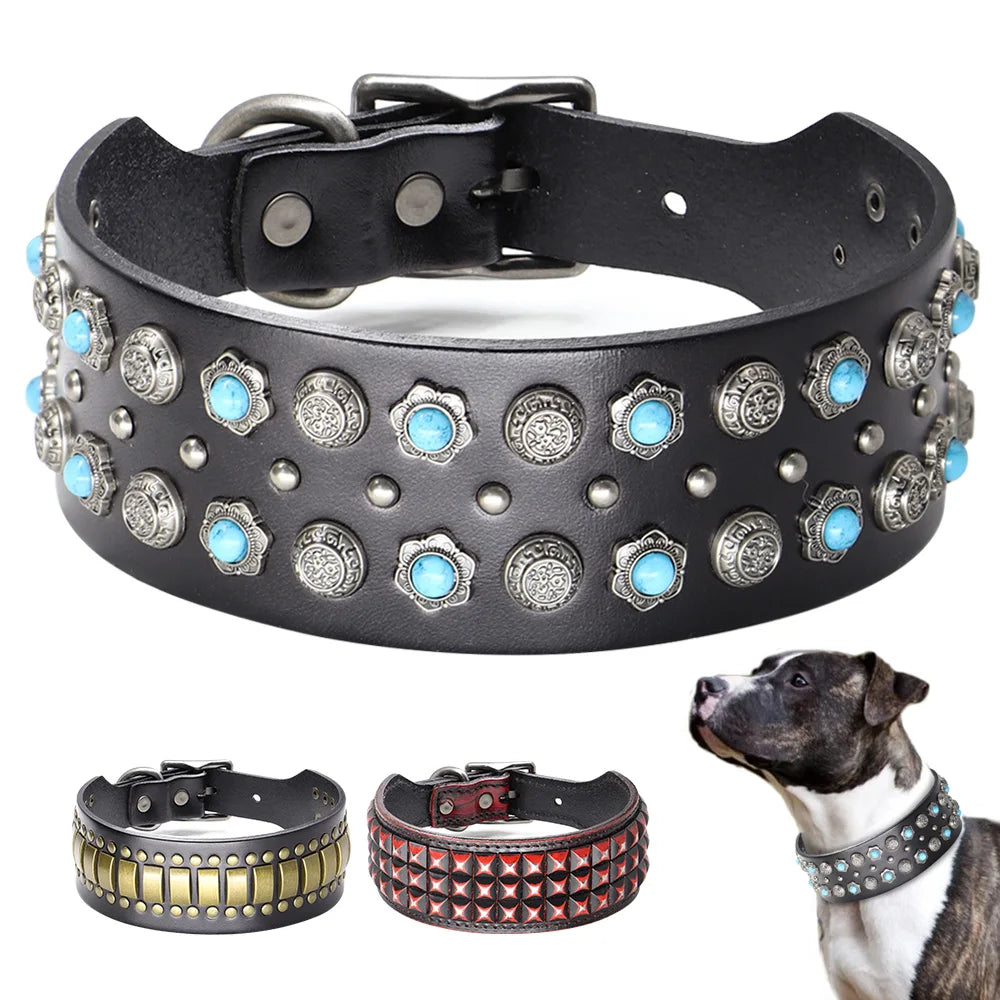 Genuine Leather Dog Collar – 2-Inch Wide Luxury Spike & Diamond Design for Medium & Large Dogs