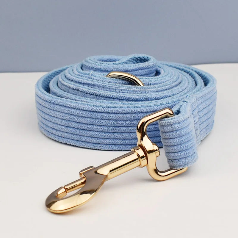 Blue Corduroy Personalized Dog Collar, Leash & Harness Set