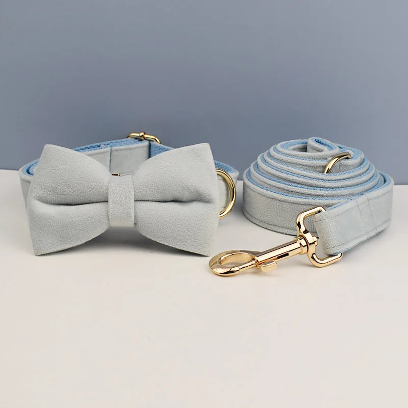 Light Blue Velve Personalized Dog Collar, Leash & Harness Set