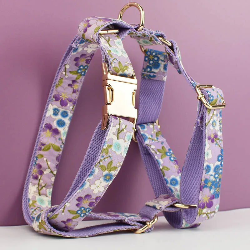 Purple Soft Cotton Personalized Dog Collar, Leash & Harness Set