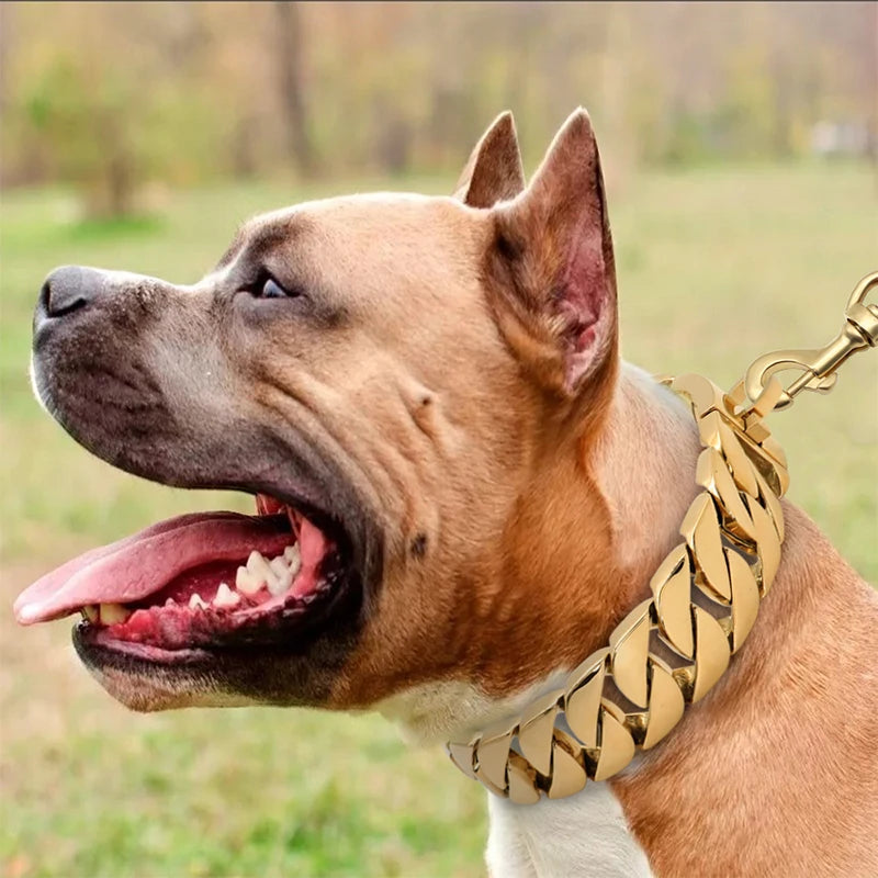 32MM Heavy-Duty Stainless Steel Dog Chain Collar – 18K Gold-Plated Choker for Large Dogs