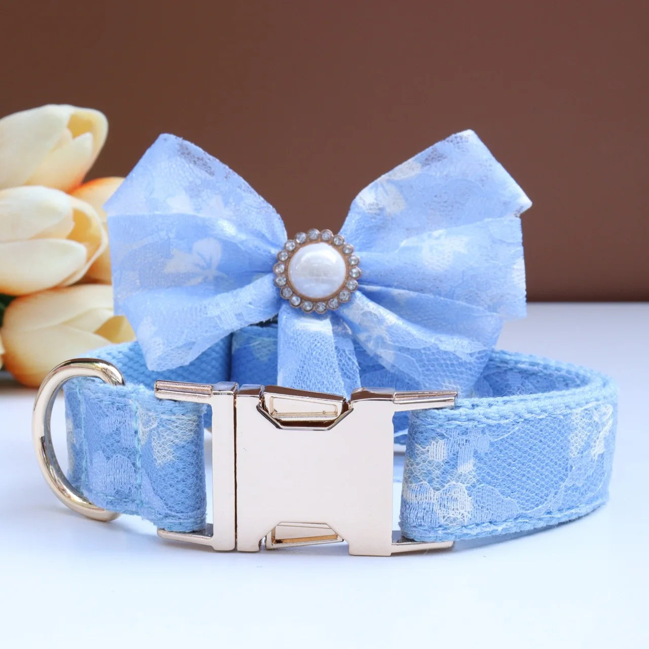 Luxury Pearl Personalized  Dog Collar and Leash Set, Lace Bowtie with Rhinestone Sparkle, Elegant Puppy Girl Pet Necklace