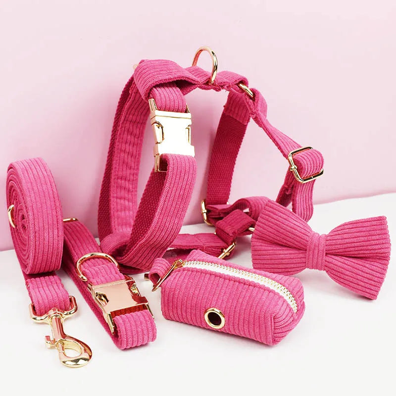 Mei Red Corduroy Personalized Dog Collar, Leash & Harness Set