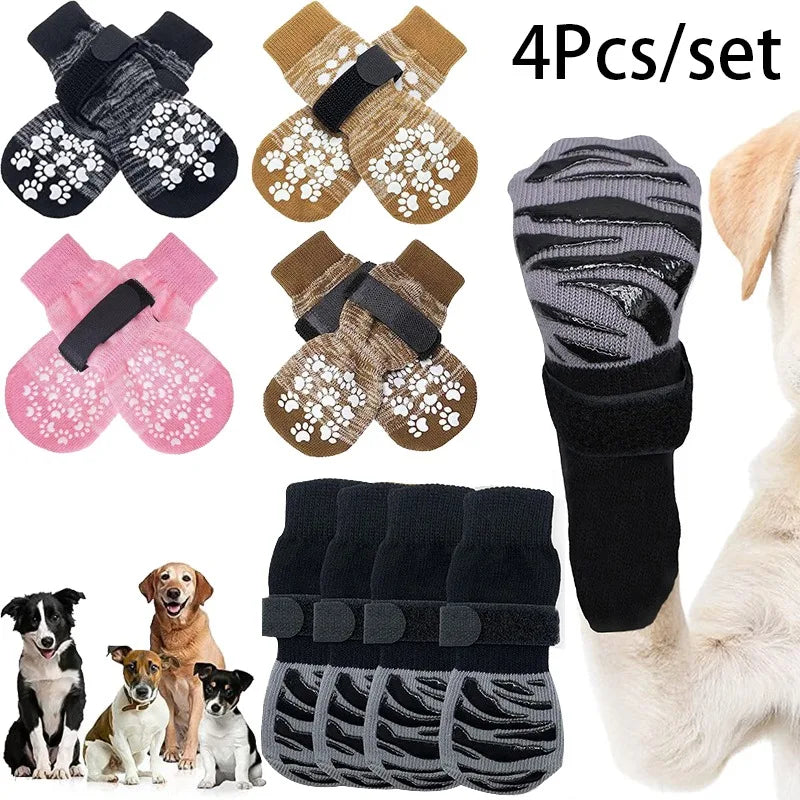 Anti-Slip Dog Socks with Adjustable Straps – 4Pcs Set for Indoor Paw Protection