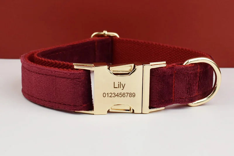 Red Wine Velvet Personalized Dog Collar, Leash & Harness Set