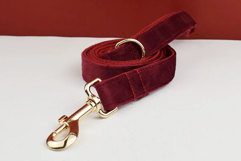 Red Wine Velvet Personalized Dog Collar, Leash & Harness Set