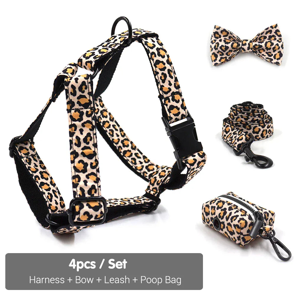 DDPaws Harness + Leash + Bowtie + Poop Bag / XS Brown Leopard Velvet Set