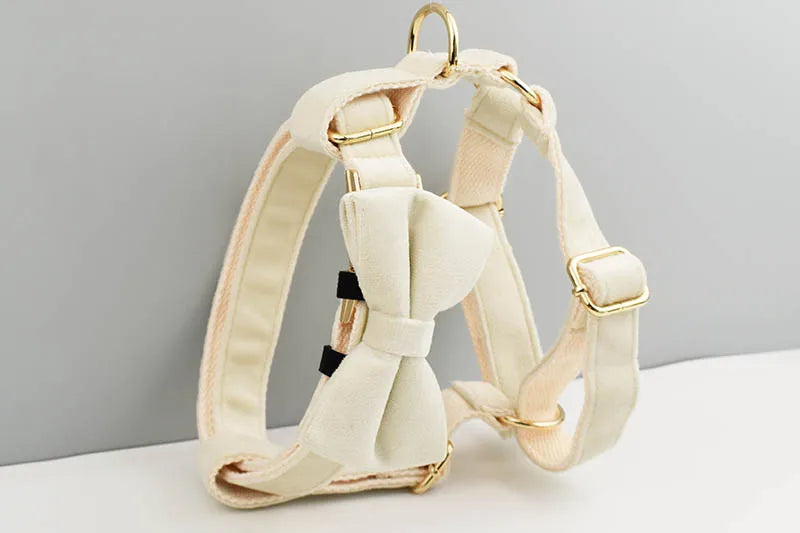 Milky White Velvet Personalized Dog Collar, Leash & Harness Set