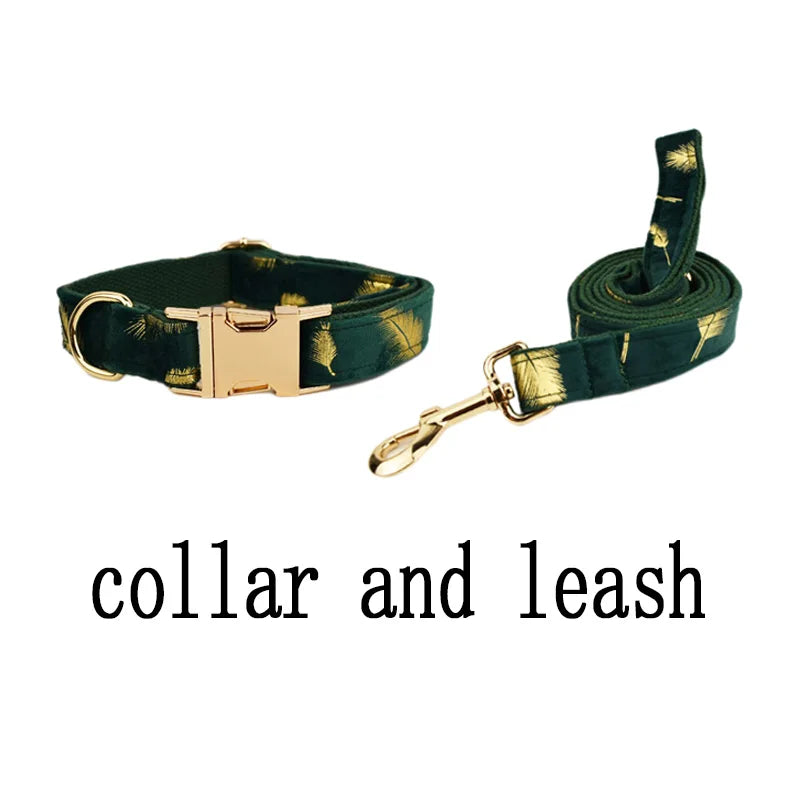 Green feather velvet  Personalized Dog Collar, Leash & Harness Set