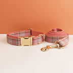 Engraved Plaid Pink Dog Collar Leash Harness Set