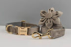 Light grey Velvet Personalized Dog Collar, Leash & Harness Set