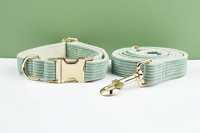 High Quality Light Green Corduroy Dog Collar, Harness & Leash Set – Personalized Engraved Nameplate, Padded