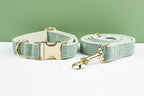 High Quality Light Green Corduroy Dog Collar, Harness & Leash Set – Personalized Engraved Nameplate, Padded