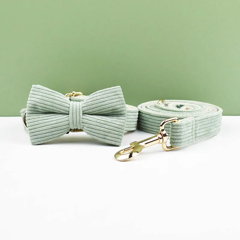 High Quality Light Green Corduroy Dog Collar, Harness & Leash Set – Personalized Engraved Nameplate, Padded