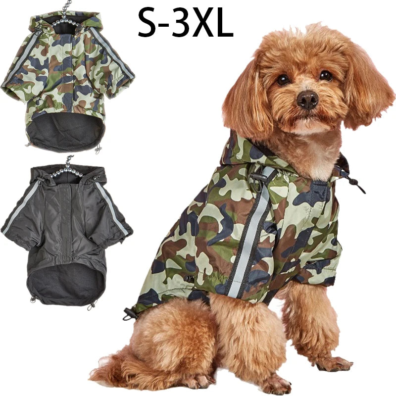Reflective Large Dog Raincoat – Waterproof Camouflage Hooded Jumpsuit for Outdoor Protection