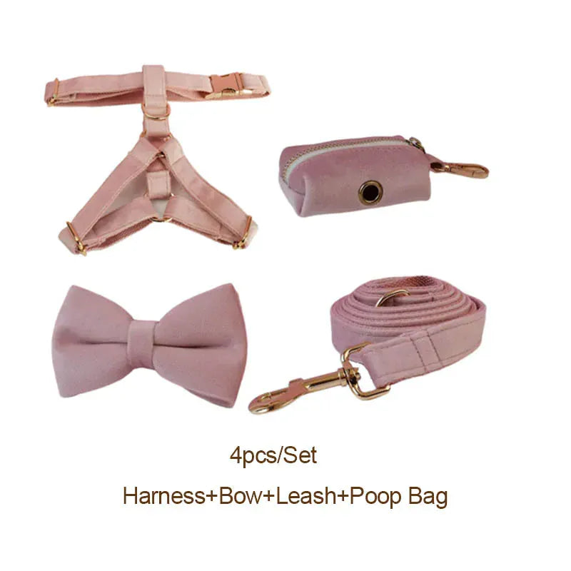 Pale Pink Velvet Dog Collar Leash and Harness Set