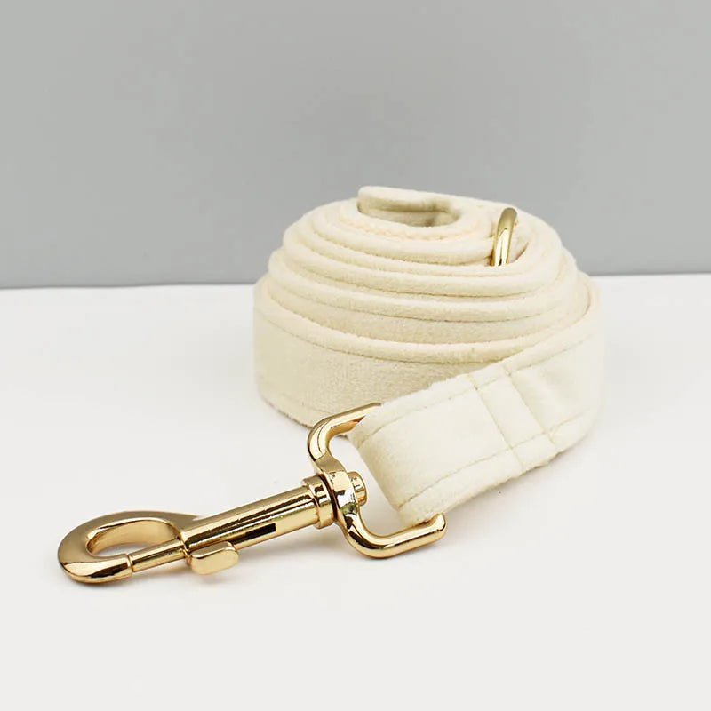 Milky White Velvet Personalized Dog Collar, Leash & Harness Set