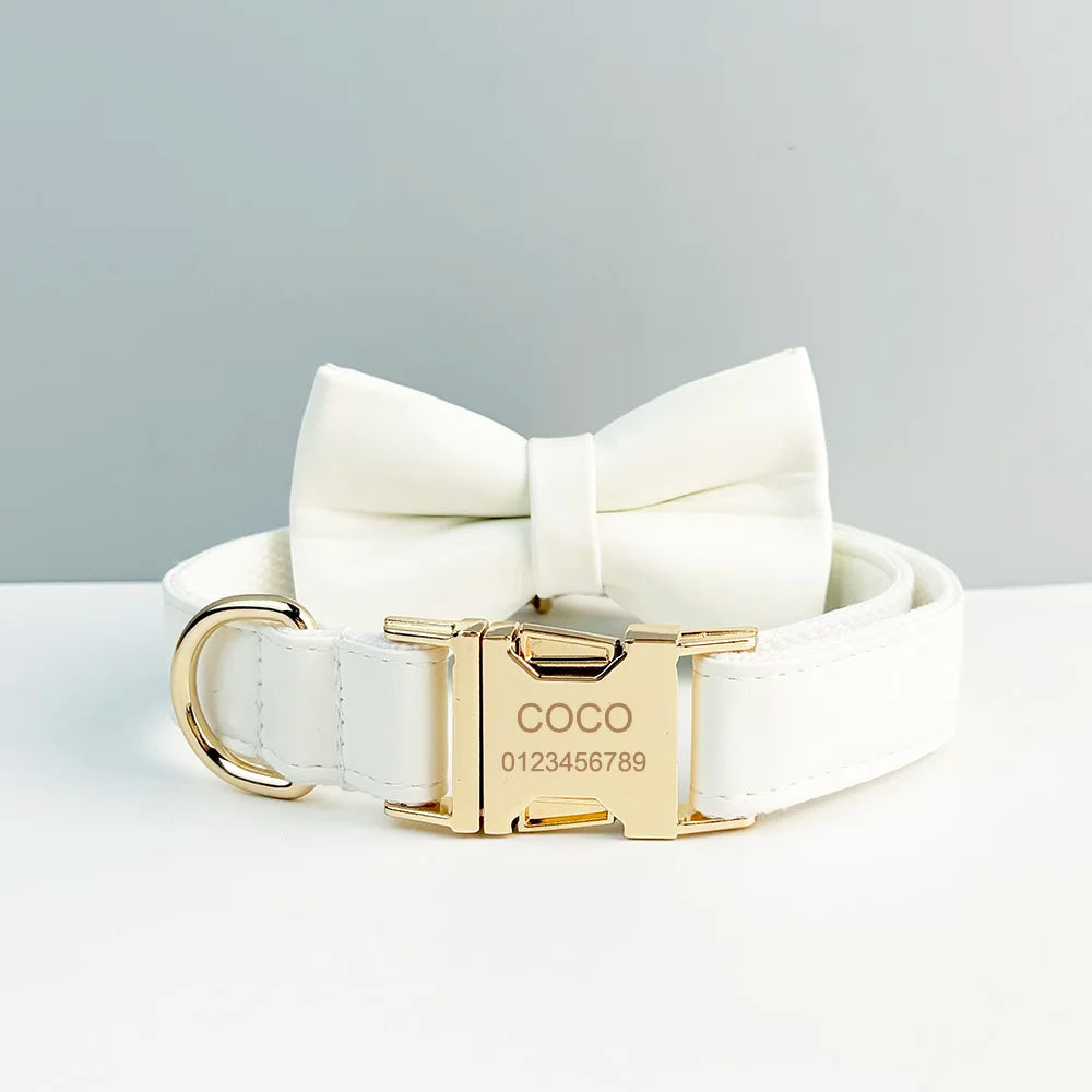 White Leather Personalized Dog Collar, Leash & Harness Set