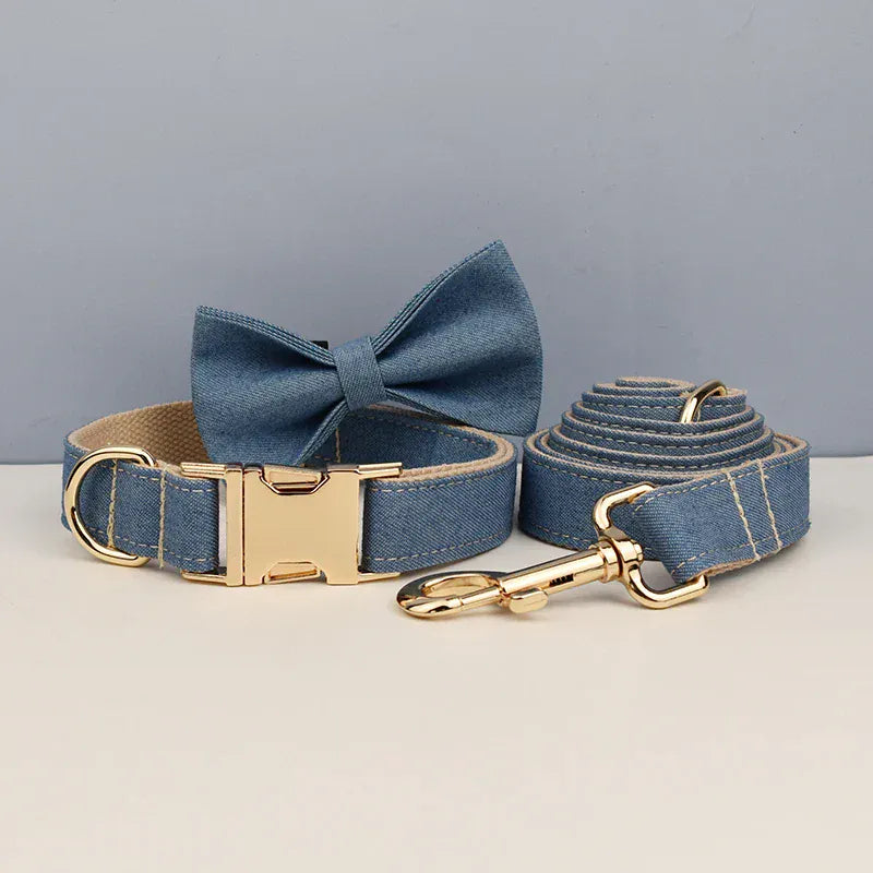 D&D Paws Collar + Leash + Bowtie / XS Blue Denim Set