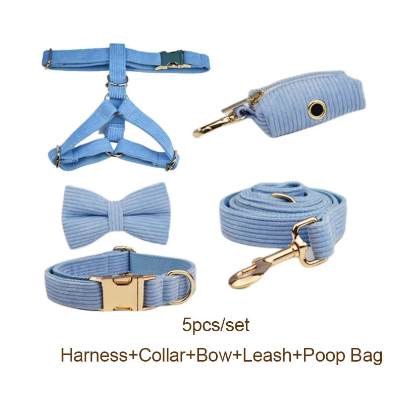 Blue Corduroy Personalized Dog Collar, Leash & Harness Set
