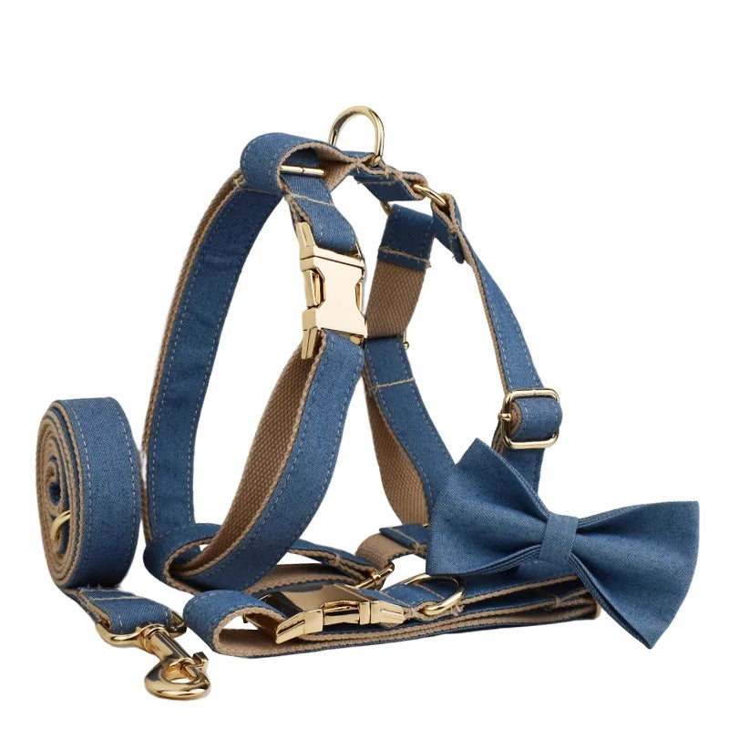 Personalized Floral Dog Harness and Leash Set, Puppy Bowtie Collar with Poop Bag, Cute Outdoor Pet Gift