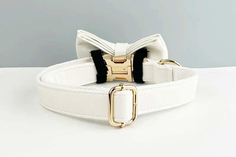 White Leather Personalized Dog Collar, Leash & Harness Set
