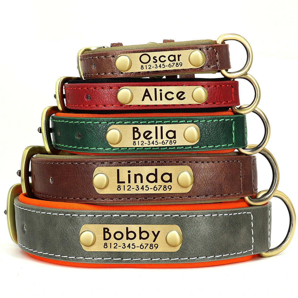 Personalized PU Leather Dog Collar – Soft Padded & Adjustable Custom ID Collar