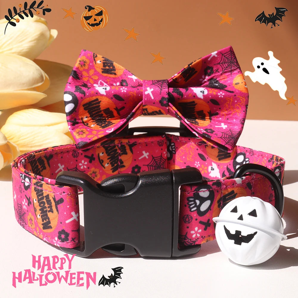Luxury Small Dog Collar, Personalized Halloween Printed Cotton Collar, Organic Pattern with Rivet Decoration