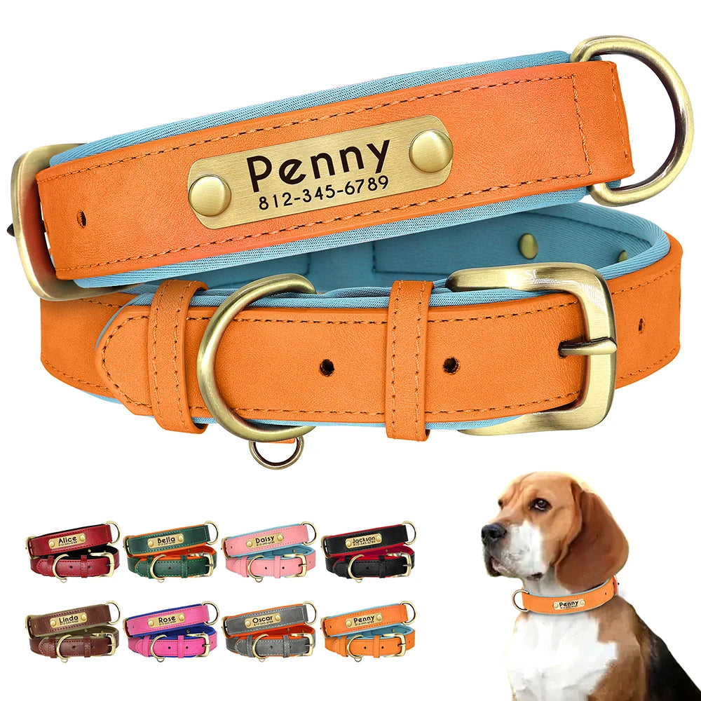 Personalized PU Leather Dog Collar – Soft Padded & Adjustable Custom ID Collar