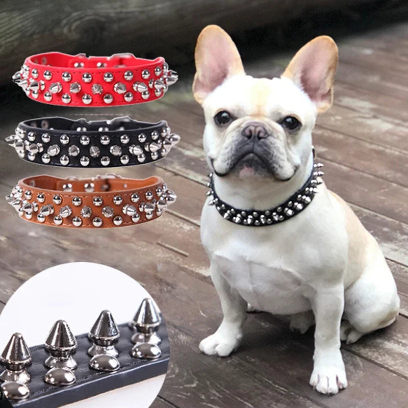 PU Leather Spiked Dog Collar – Adjustable Punk Style Neck Strap for Small Dogs & Cats